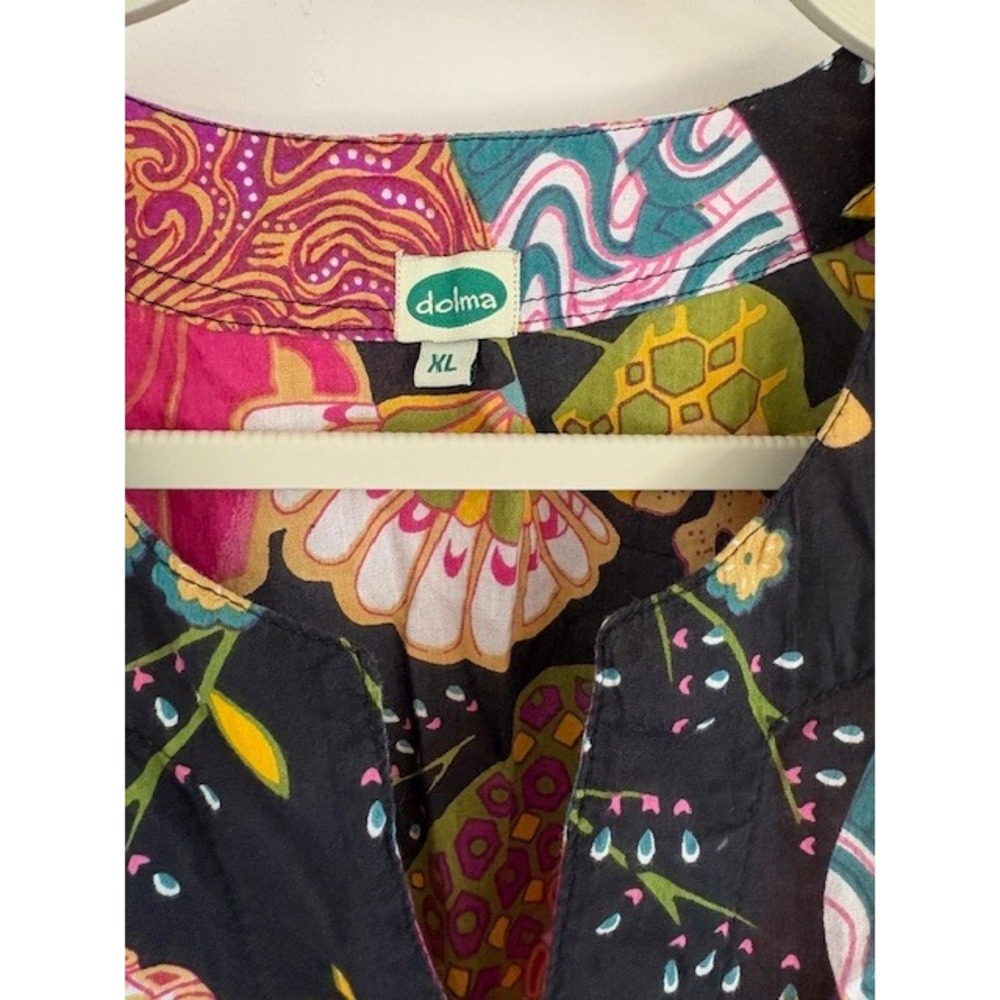 Dolma Womens XL Floral Cotton Tunic Top Black Pink Yellow Long Sleeve Split Neck - Picture 3 of 4